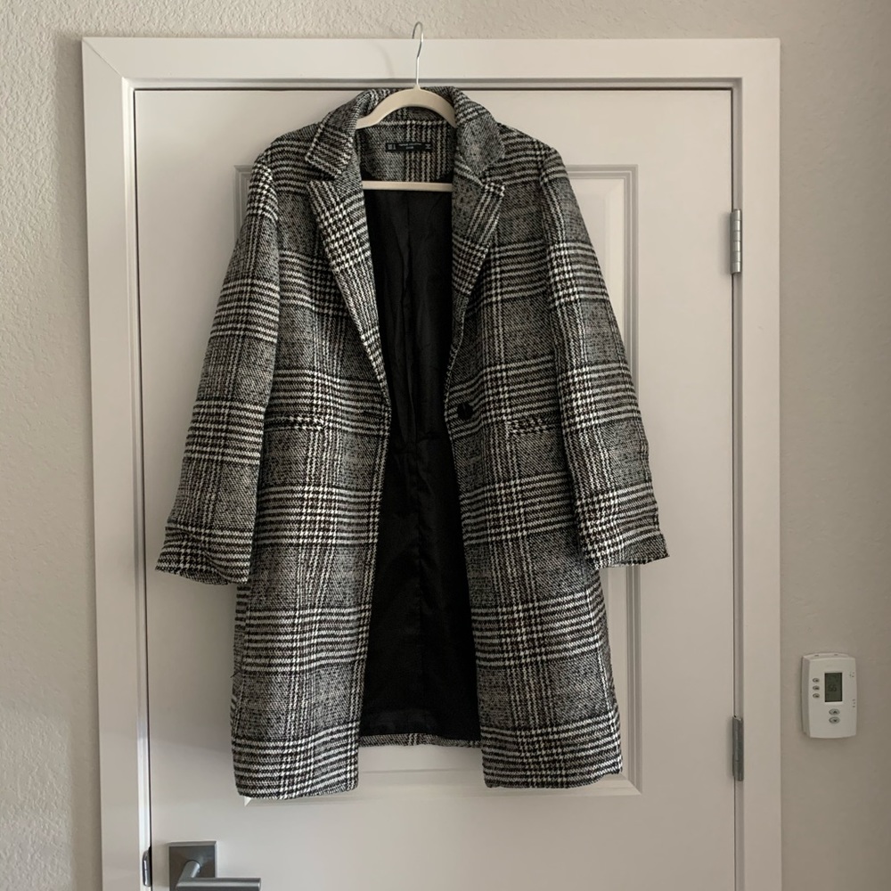 Black and White Plaid Peacoat